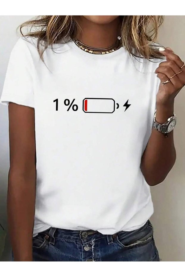 Women's Low Battery Printed Crew Neck Short Sleeve Casual T-Shirt