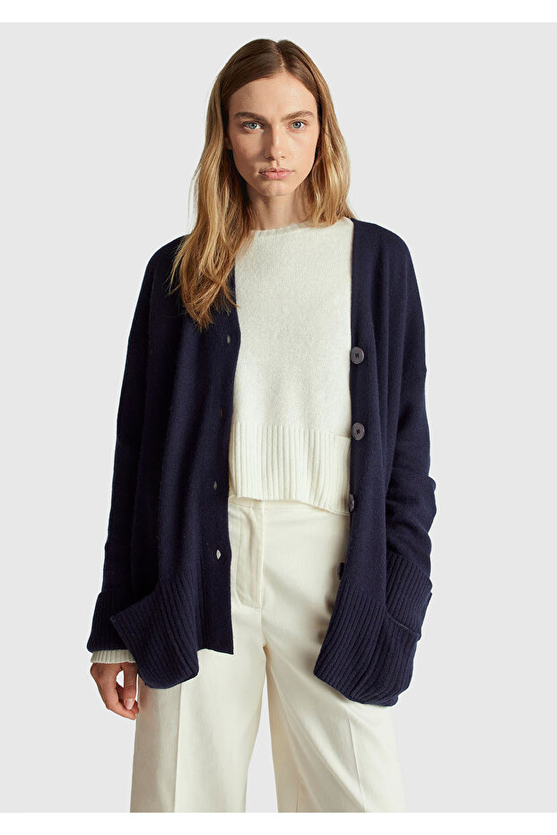 Women's navy blue wool and viscose blend ribbed button cardigan