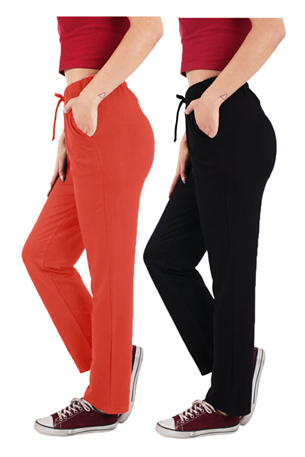 Women's Viscose Fabric 2-Pack Black/Pomegranate Blossom Sweatpants (with Plus Size Option)