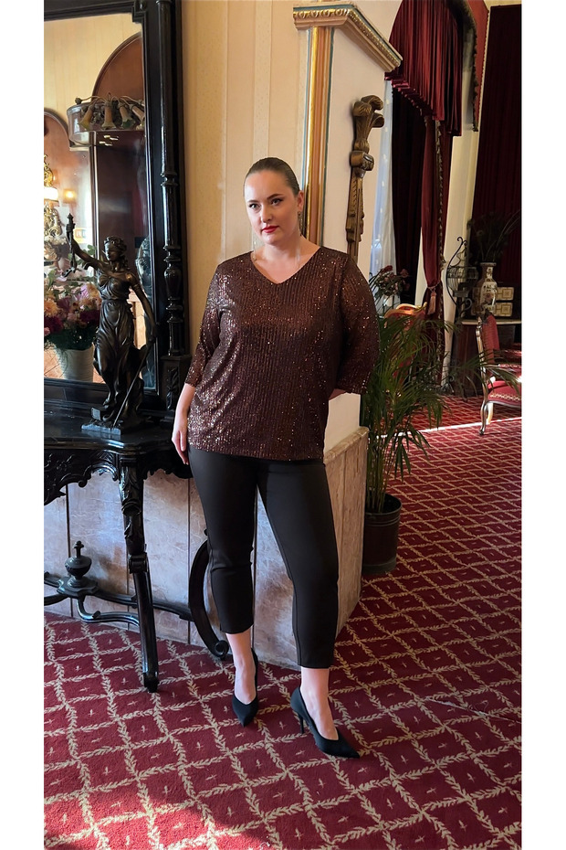 Plus Size Lined Sequin Blouse Brown - 2