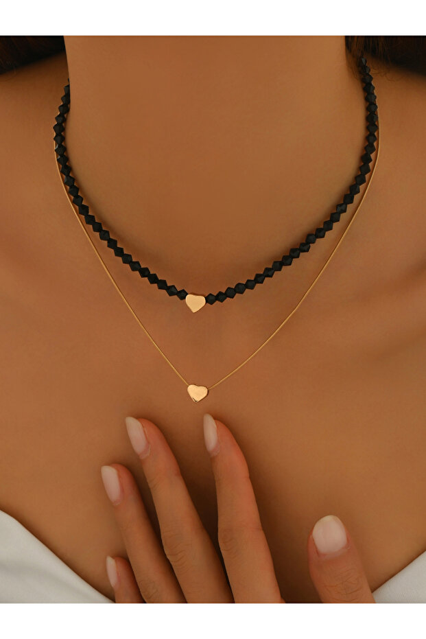 Golden Heart and Black Bead Layered Necklace