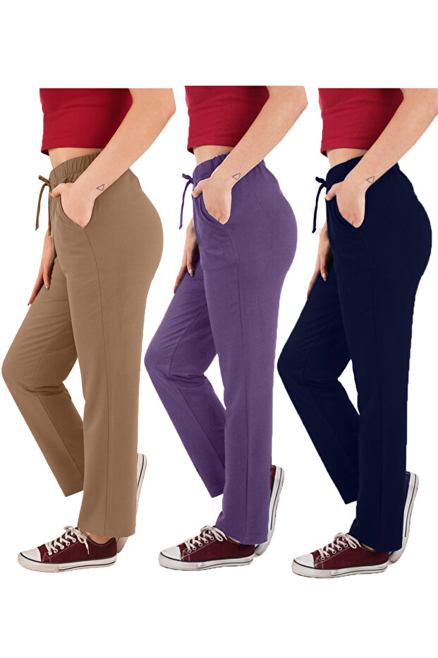 Women's Viscose Fabric 3-Pack Navy Blue/Purple/Coffee Sweatpants (with Plus Size Option)