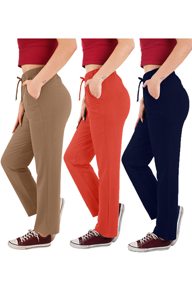 Women's Viscose Fabric 3-Pack Black/Pomegranate Flower/Brown Sweatpants (with Plus Size Option)