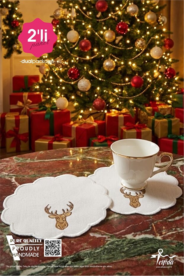 2 Pieces of Coffee Presentation Napkins, Christmas Reindeer Cocktail Coffee Coasters, Embroidered Mini Coasters