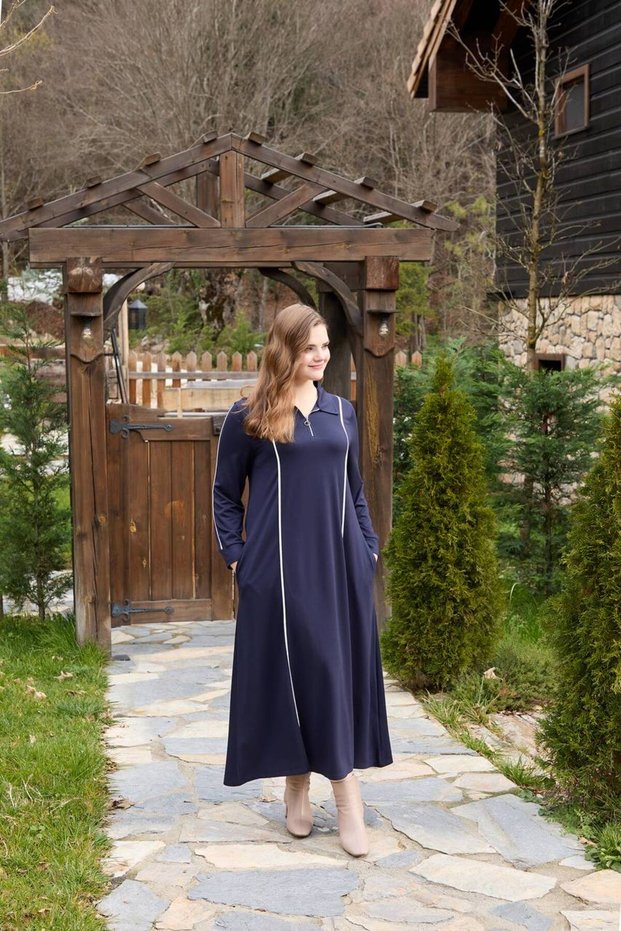 Zippered Half-High Collar Contrast Piped Detail Combed Cotton Fabric Full Length Dress