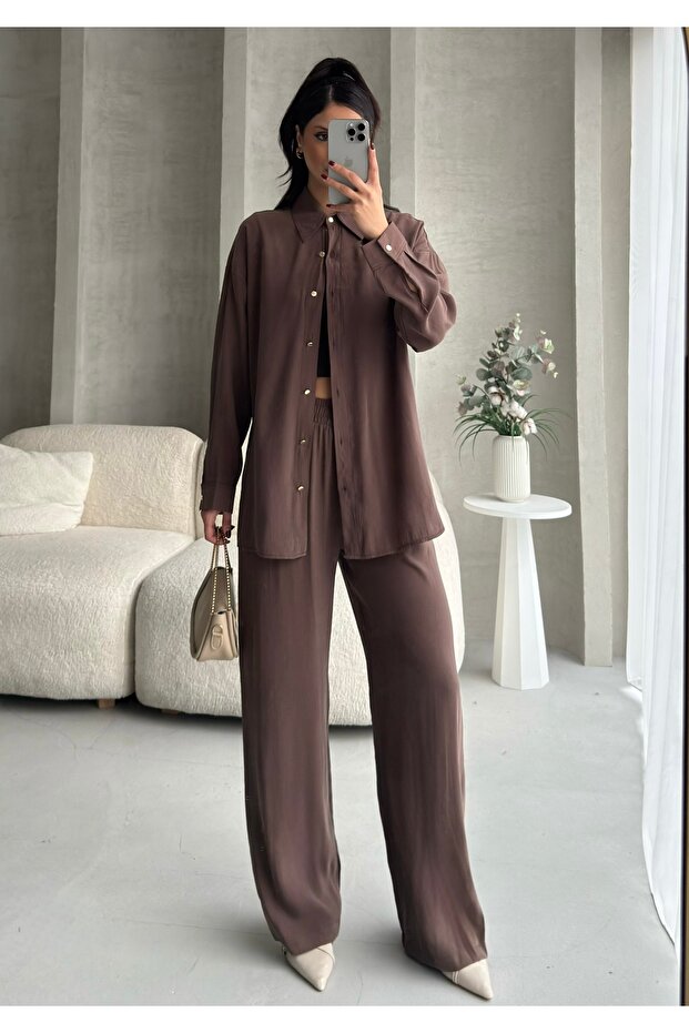 Women's Brown Metal Button Detailed Flowy Silky Modal Bottom Top Set