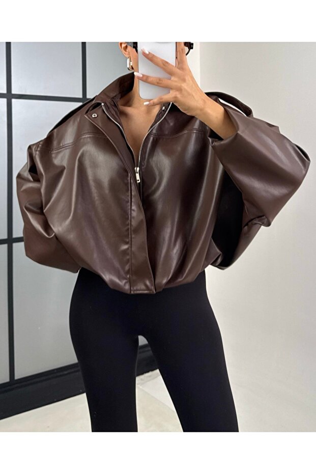 New Season Oversized Bomber Women's Brown Biker Leather Jacket