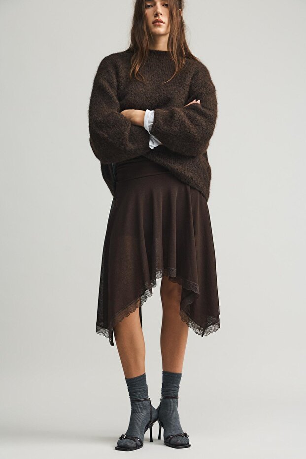 Asimetrik dantelli midi etek - 4