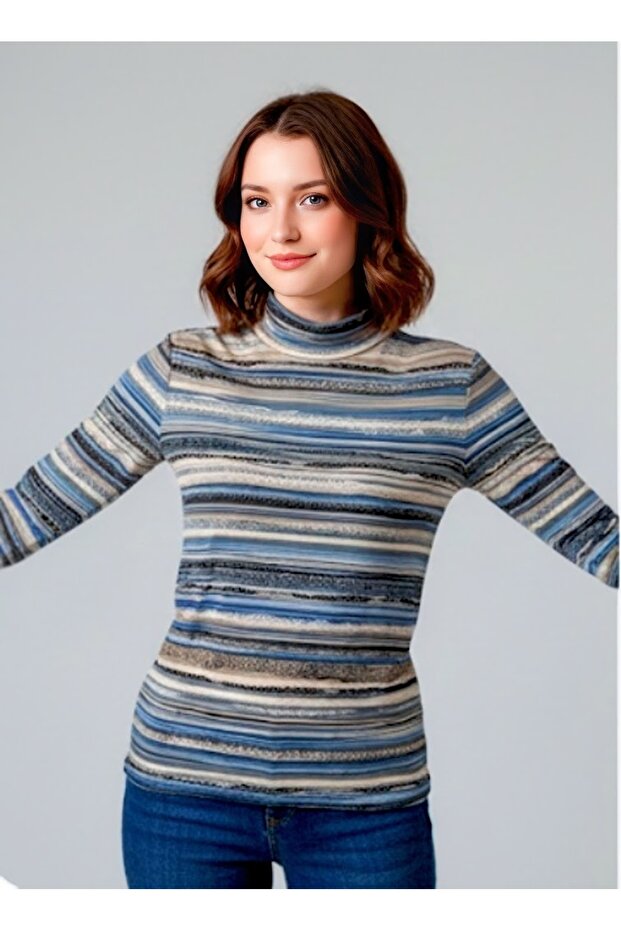 نصف الياقة المدورة منقوشة بلوزة - 1