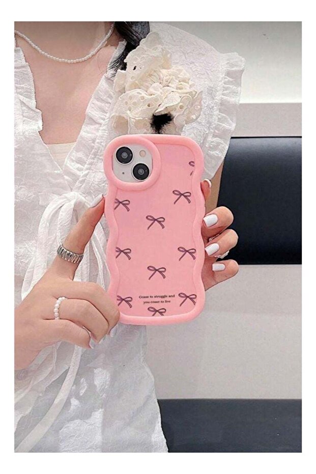 iPhone 16 pro max Dopamine, Bowknot, Cartoon Macaron Wave Pattern Phone Case