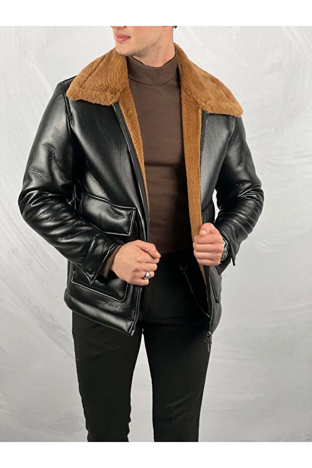 Men's Black Bag Pocket Full Fur Collar Brown Fur Detailed Leather Coat