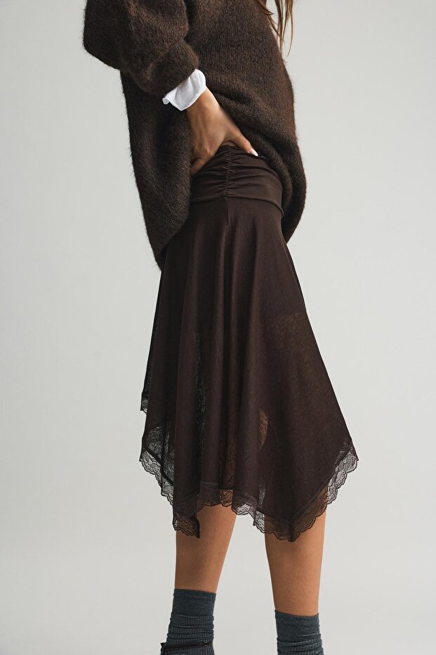 Asimetrik dantelli midi etek - 3