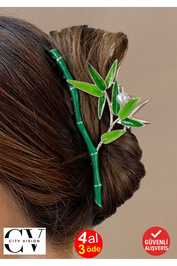 11 cm Bamboo Leaf Green Hair Clip – Natural Looking Elegant Metal Barrette