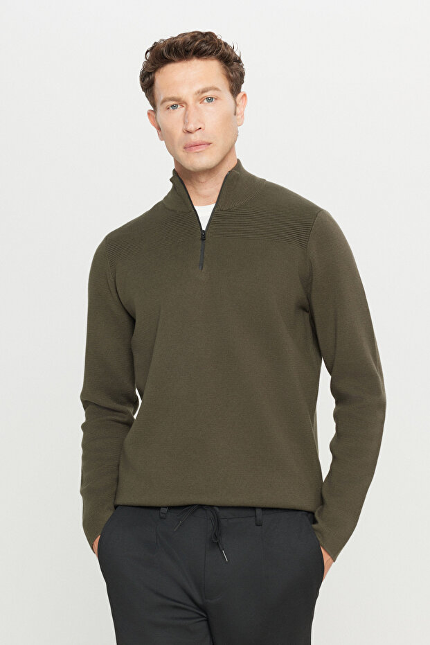 Altınyıldız ACE049261230 Khaki Melange Bato Neck Half-Zip Standard Fit Knit Sweater
