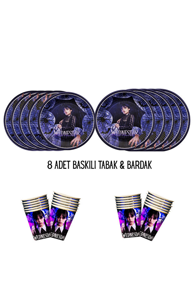 Wednesday Addams Theme Compatible Printed 8-Person Plate, Cup Birthday Set