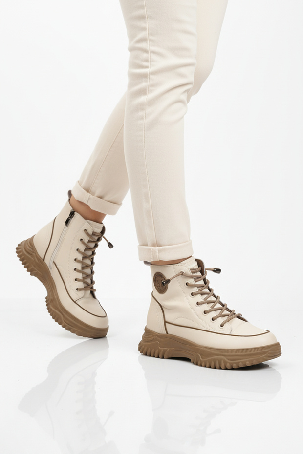 Beige Lace-Up Zippered Women's Boots 24K310-13 Z