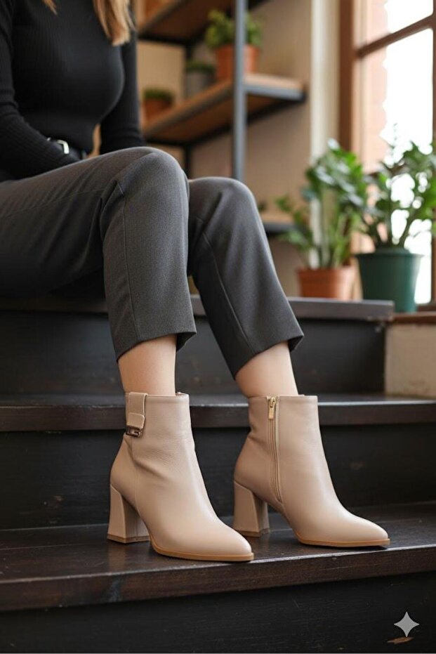573205 Buckle Detailed Pointed Toe 7 cm Thick Heel Zippered Women's Boots