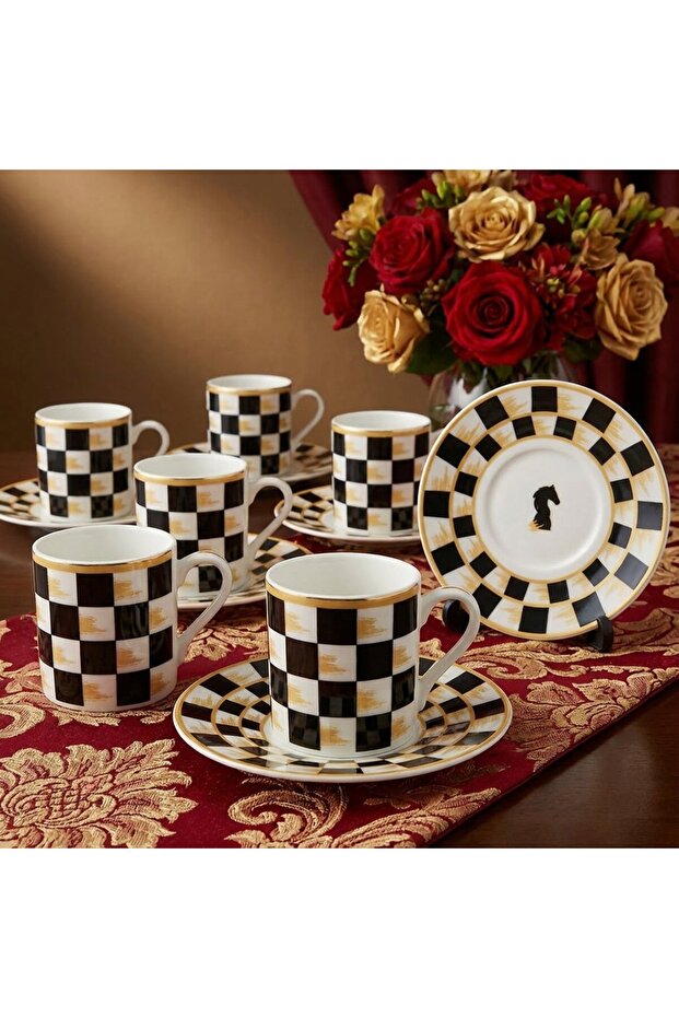 Horse Black and White Checkerboard Decor 6-Person Porcelain Coffee Cup Set – 90 Ml.