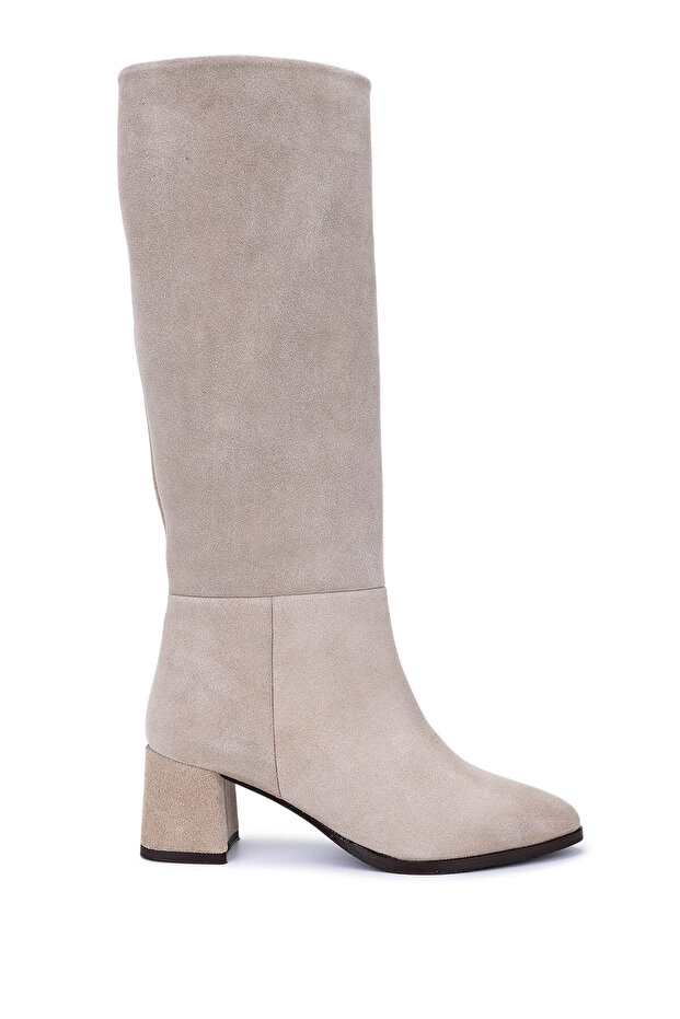 Women's Genuine Leather Beige Heeled Boots