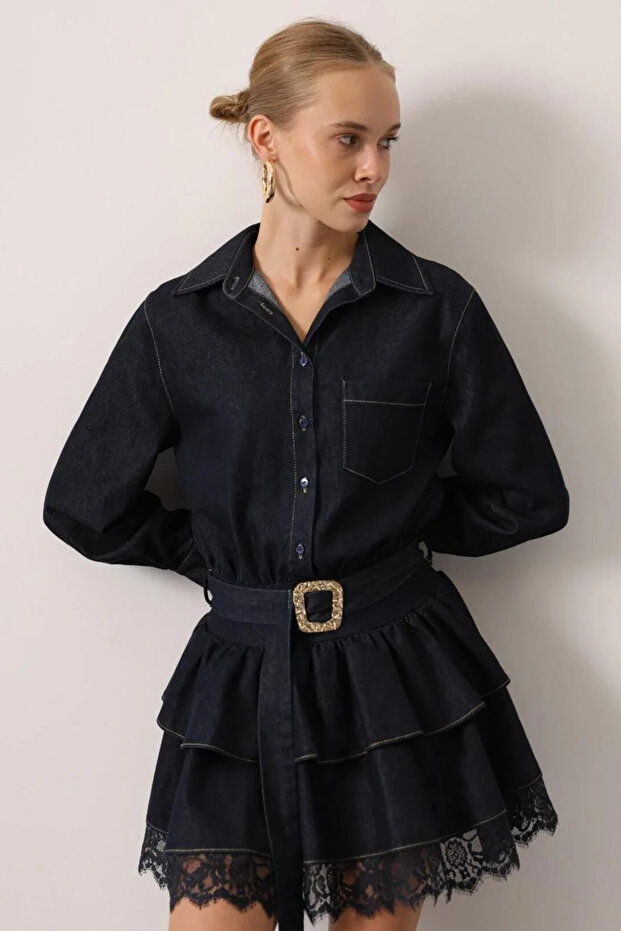 Kontrast Dikişli Denim Mini Elbise - 4