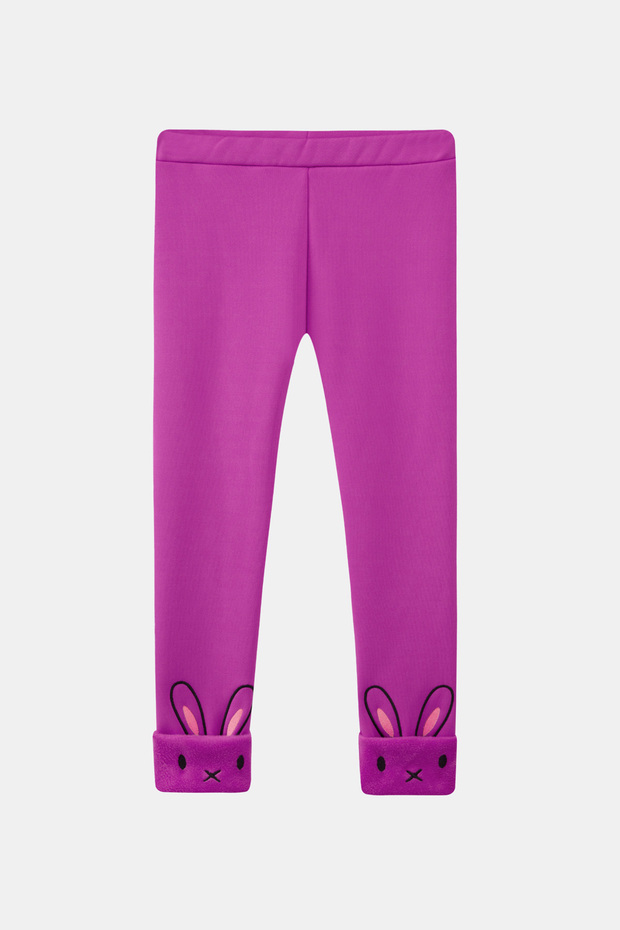 Light Purple Girls' Extra Thick Winter Leggings with Plush Ears and Rabbit Embroidery