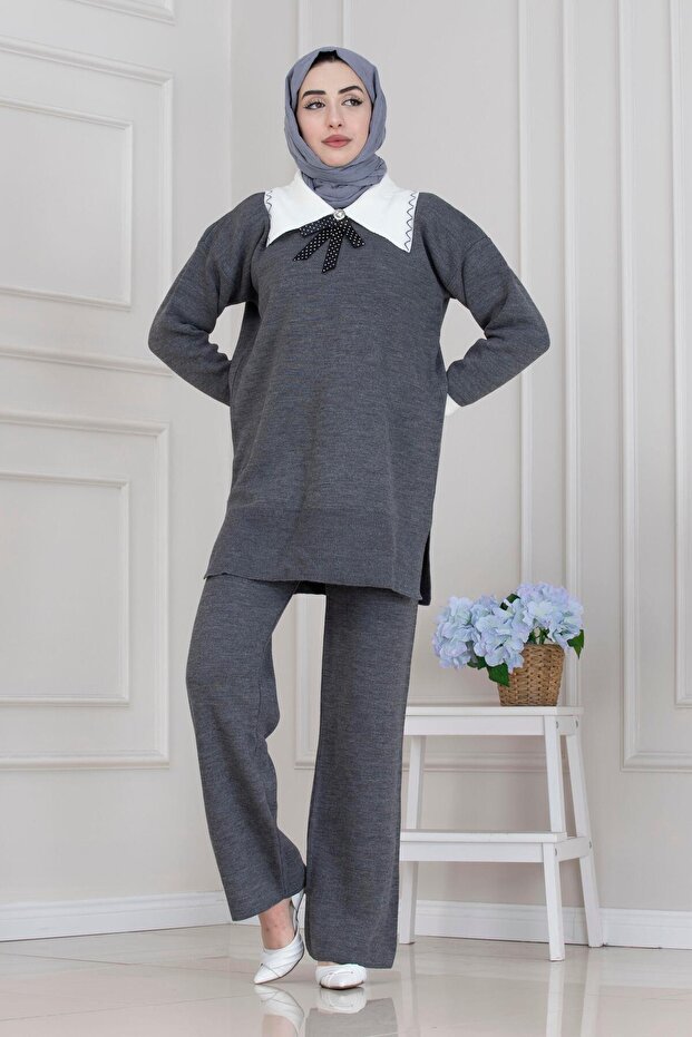 Knitwear Set with Bow Detail on the Collar-Anthracite