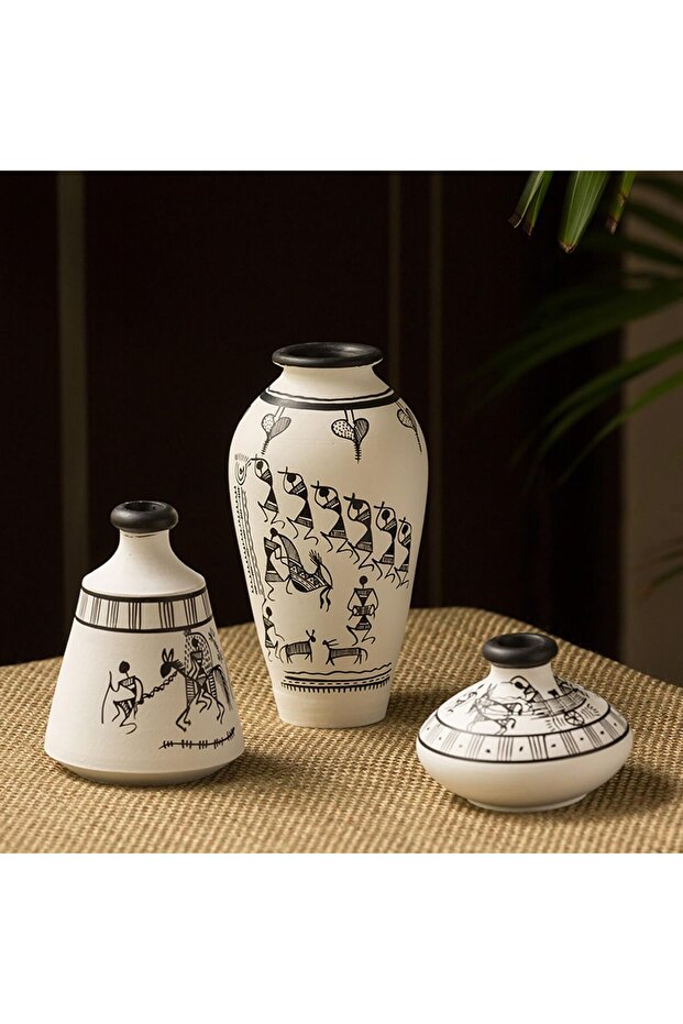 Terracotta Flower Vases Set of 3 (8.9 x 15.2 cm, White)