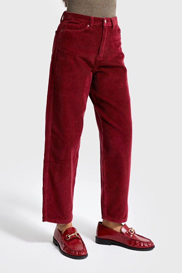 Women's Burgundy Color 26W5-35 Relax Fit Thick Ribbed T33 Velvet Velvet Fabric Trousers