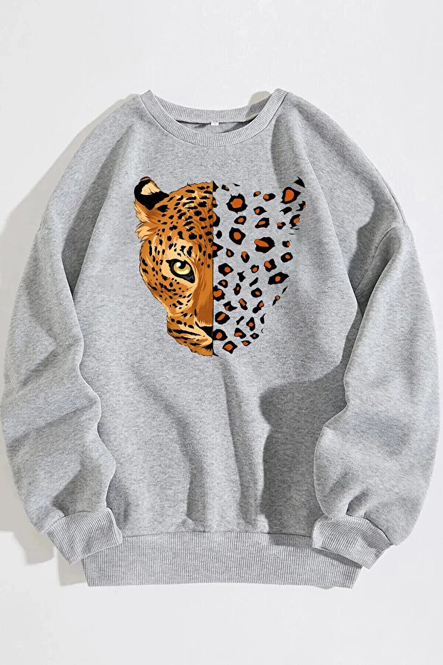 سويت شيرت رمادي اللون برقبة دائرية للجنسين من Half Face Leopard مطبوع