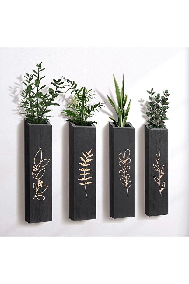 Wood Wall Planter 4 Pack, Farmhouse Indoor Pocket Wall Vases, Rustic Pine (Black)