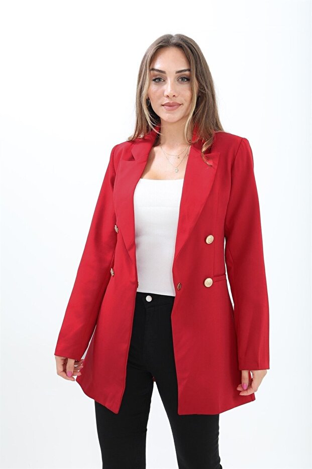 Women's Red Double-Breasted Gold Buttoned Blazer Jacket Shoulder Shoulder Pad Pieces
