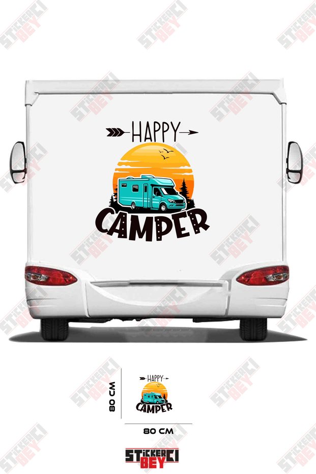 Happy Camp Written on the Caravan and Caravan with Nature Images Sticker Coating