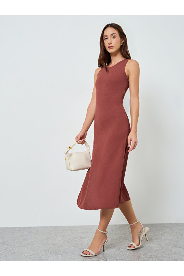 Women Brown Sleeveless A-Line Midi Dress