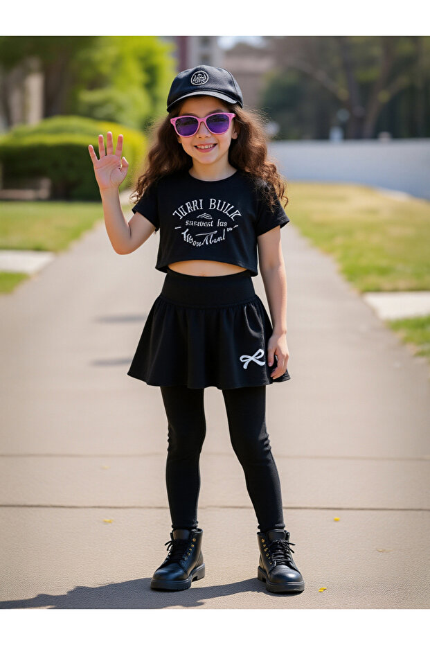 Solid Bow Printed Skirt with Leggings Set