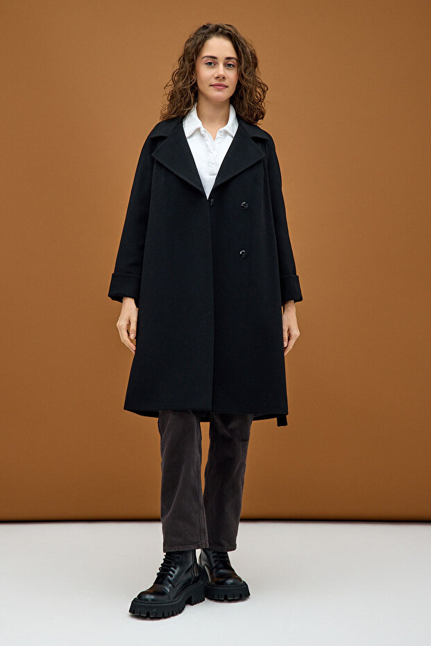 Black Wide Collar Double-Breasted Cashmere Coat