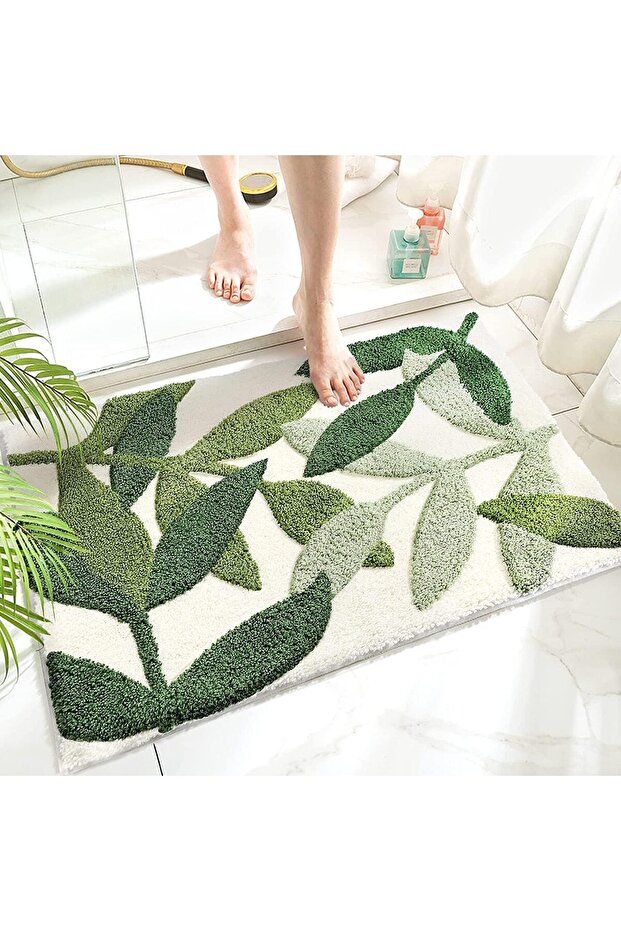Bathroom Rug Mat - Non-Slip Microfiber Bath Mat, 45 x 65 cm, Tropical Leaf (Green)