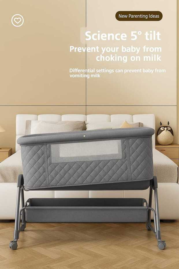 Next2Me Foldable Rocking Baby Cot with Adjustable Height, Reclining Position, Wheels, Bottom Storage Box and Mosquito Net - 5