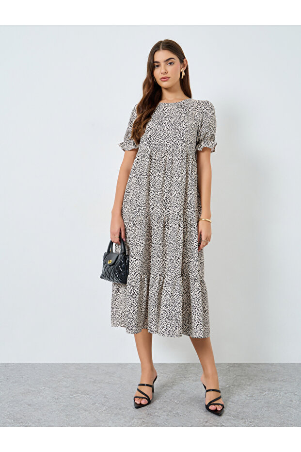 Leopard Print Round Neck Tiered Midi Dress