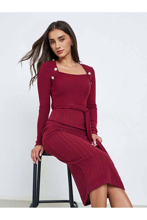 Burgundy Ribbed Knit Long Sleeve Midi Dress
