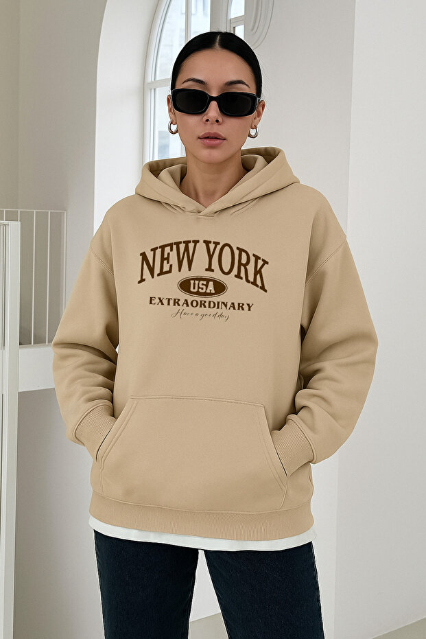 Women's Beige Oversized Hooded Sweatshirt New York Printed