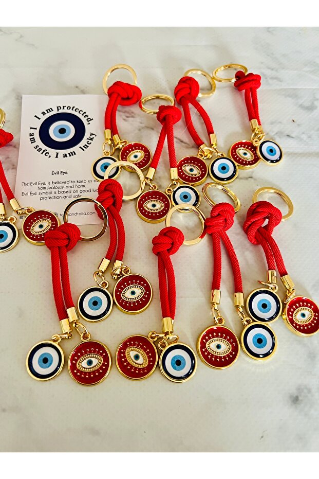 Gift 10-Piece Evil Eye Beaded Keychain - Red