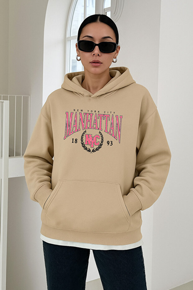 Women's Beige Oversized Hooded Sweatshirt Balance Manhattan Printed