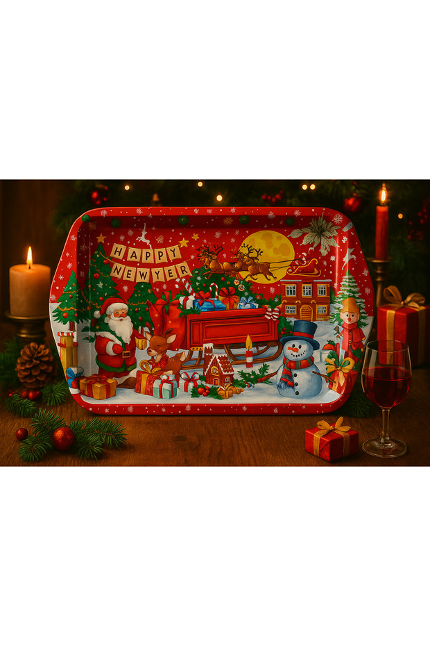 Red Christmas Themed Metal Presentation Tray, Santa, Deer and Winter Village Patterned Serving Tray 25X15 cm