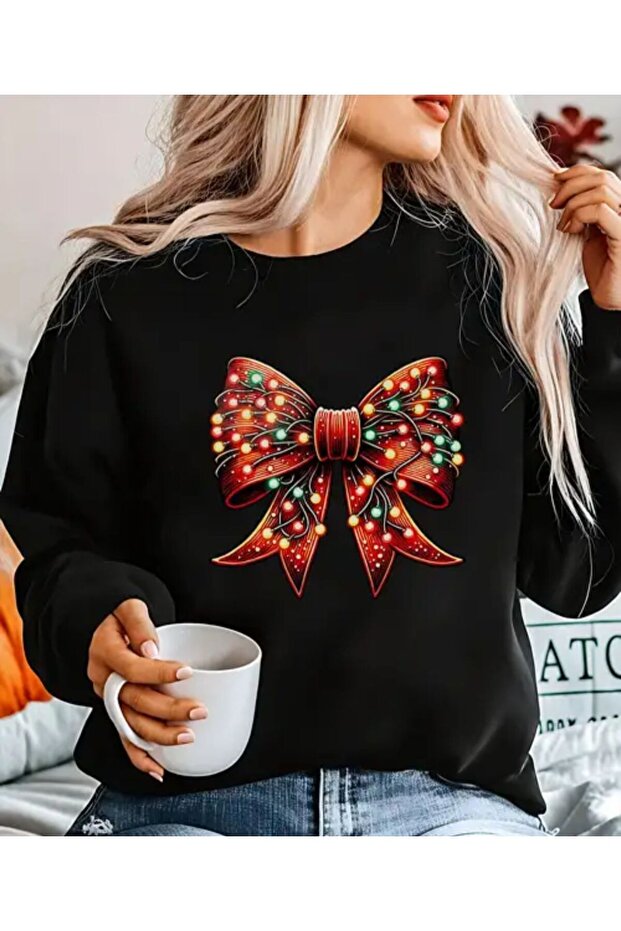 Crew Neck Sweatshirt with Ribbon Print Detail