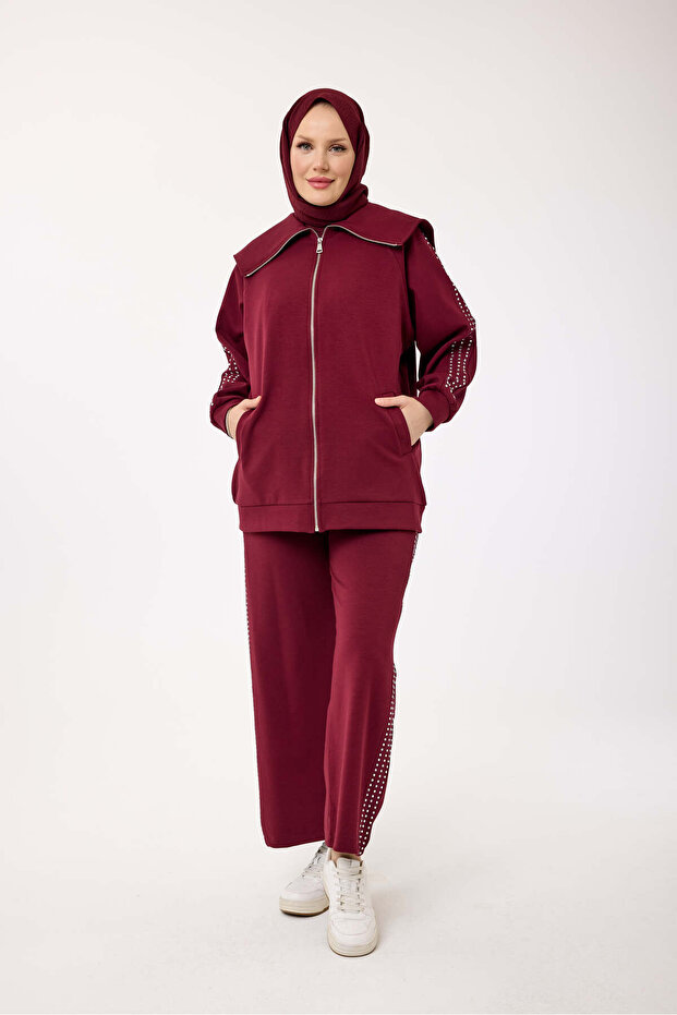 6084 - Stylish Comfortable Cotton Wide Collar, Stone Detailed Pants Long Jacket Set