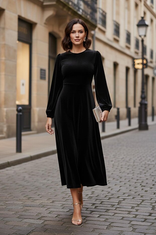 Rochie simplă și elegantă din catifea neagră - 3