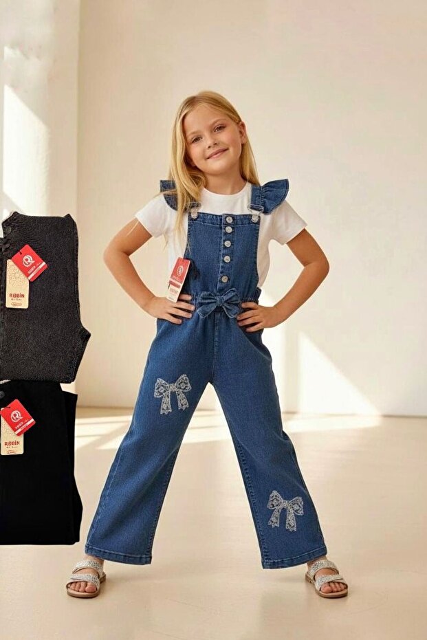 Girl's Patterned Jean Jumpsuit – Wide Leg, Stylish and Comfortable Model 5-16 Years Old