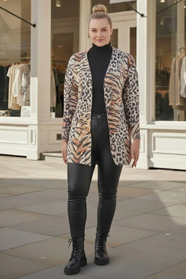 Italian Plus Size Italian V-Neck Long Sleeve Leopard Print Non-Buttoned Casual Knitwear Cardigan with Pockets 80 65