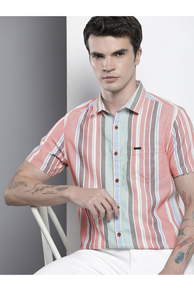Men Pink Striped Short Sleeve Shirt