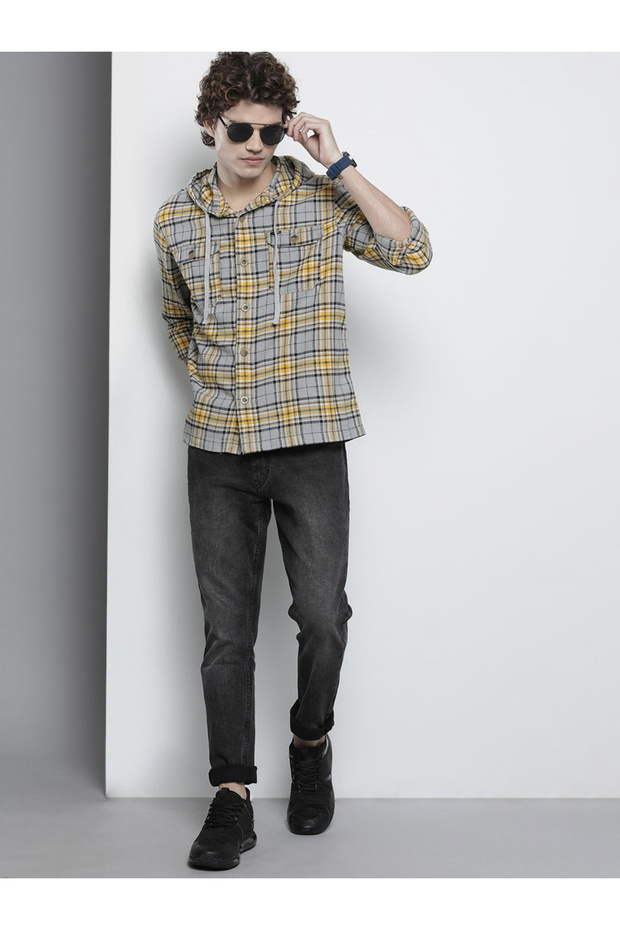 Men Grey Checked Hooded Shirt